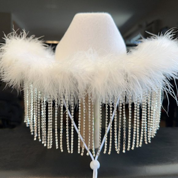 Diamond Rhinestone Fringe White Cowboy /Cowgirl Hat,Wedding, Bride Hat,Nashville main image 4